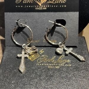 Park Lane Silver Hoop Earrings with Cross and Charm Accents
